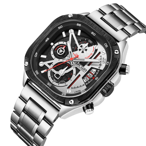 Men's Alloy Square Watch With Mineral Strengthened Glass Mirror Stainless Steel Strap And Clasp Trendy Fashion Chronograph Luminous Calendar