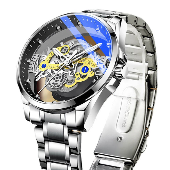Men's Alloy Stainless Steel Leisure Doublesided Hollow Through Bottom Waterproof Luminous Pointer Watch With Onion Crown And Single Folding Buckle
