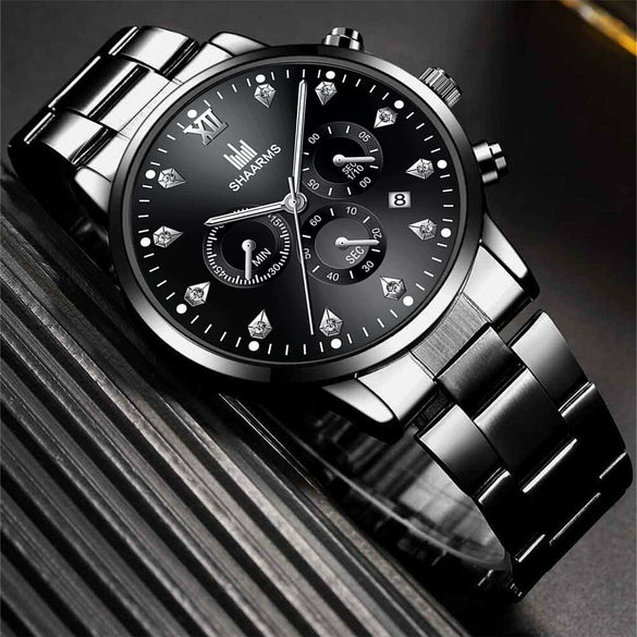 Men's Alloy Steel Band Quartz Watch With Round Dial And Single Folding Buckle Business Style