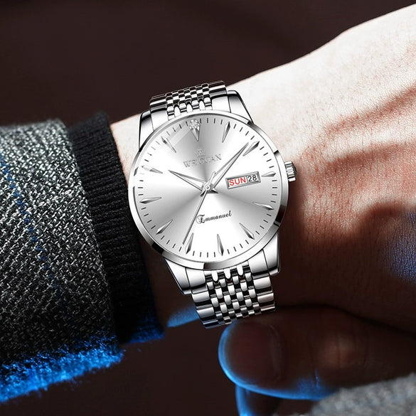 Men's Alloy Steel Business Style Round Dial Quartz Waterproof Luminous Double Calendar Watch