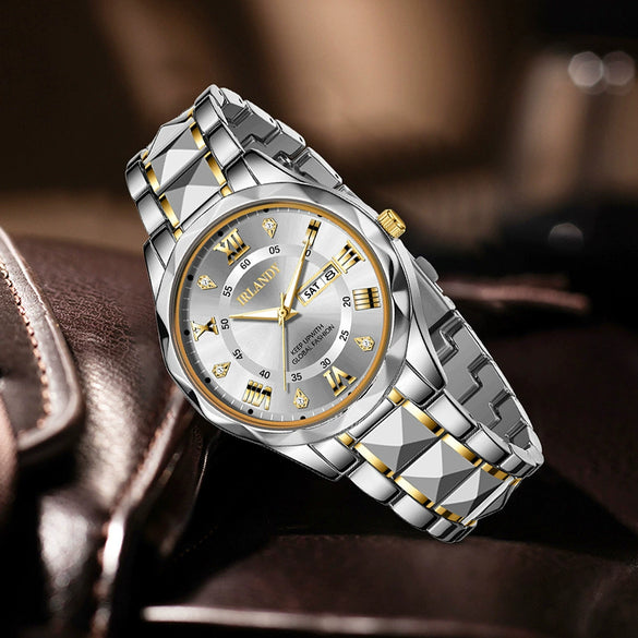 Men's Alloy Strap Quartz Watch With Rhombus Shape Digital Dial Rhinestone Calendar And Rose Gold Pin Buckle