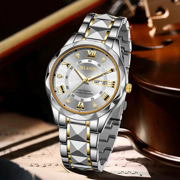 Men's Alloy Strap Quartz Watch With Rhombus Shape Digital Dial Rhinestone Calendar And Rose Gold Pin Buckle