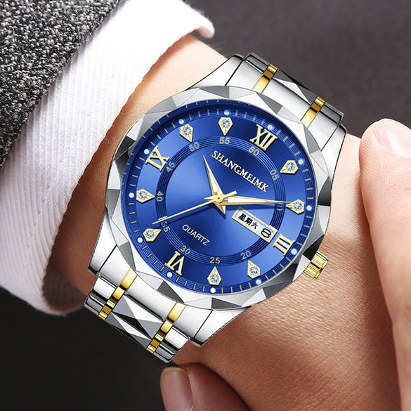 Men's Alloy Strap Quartz Watch With Rhombus Shape Digital Dial Rhinestone Calendar And Rose Gold Pin Buckle