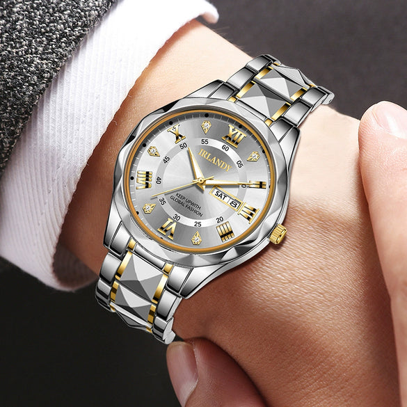 Men's Alloy Strap Quartz Watch With Rhombus Shape Digital Dial Rhinestone Calendar And Rose Gold Pin Buckle