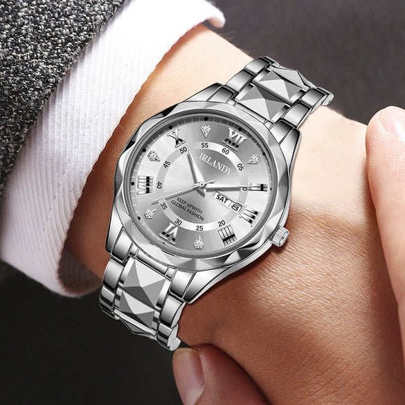 Men's Alloy Strap Quartz Watch With Rhombus Shape Digital Dial Rhinestone Calendar And Rose Gold Pin Buckle