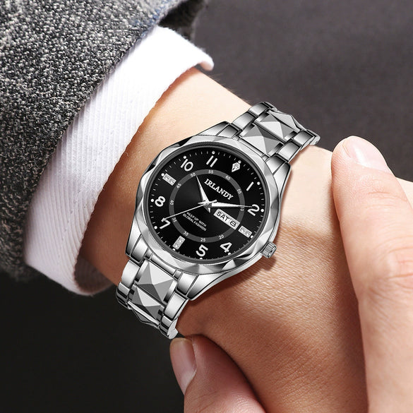 Men's Alloy Strap Quartz Watch With Rhombus Shape Digital Dial Rhinestone Calendar And Rose Gold Pin Buckle