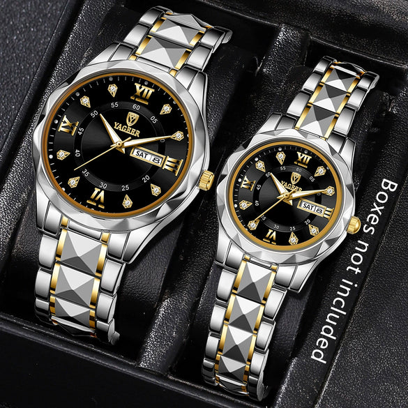 Men's Alloy Strap Quartz Watch With Rhombus Shape Digital Dial Rhinestone Calendar And Rose Gold Pin Buckle