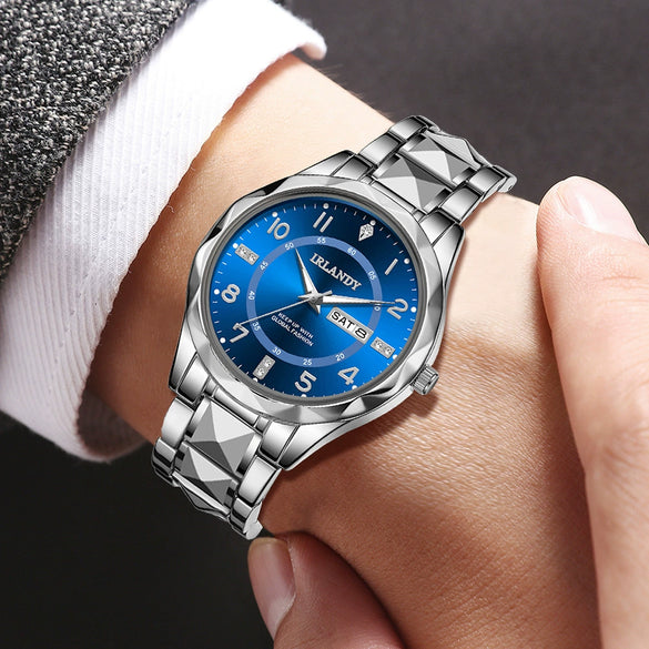 Men's Alloy Strap Quartz Watch With Rhombus Shape Digital Dial Rhinestone Calendar And Rose Gold Pin Buckle