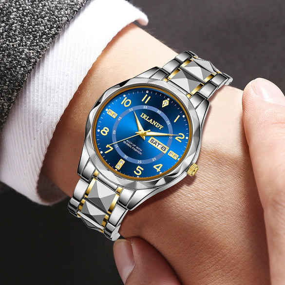 Men's Alloy Strap Quartz Watch With Rhombus Shape Digital Dial Rhinestone Calendar And Rose Gold Pin Buckle