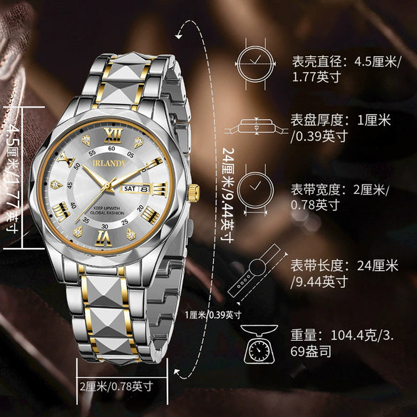 Men's Alloy Strap Quartz Watch With Rhombus Shape Digital Dial Rhinestone Calendar And Rose Gold Pin Buckle