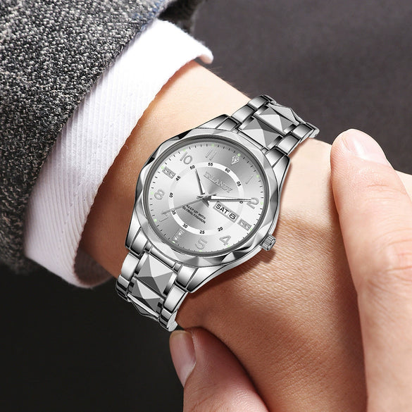 Men's Alloy Strap Quartz Watch With Rhombus Shape Digital Dial Rhinestone Calendar And Rose Gold Pin Buckle