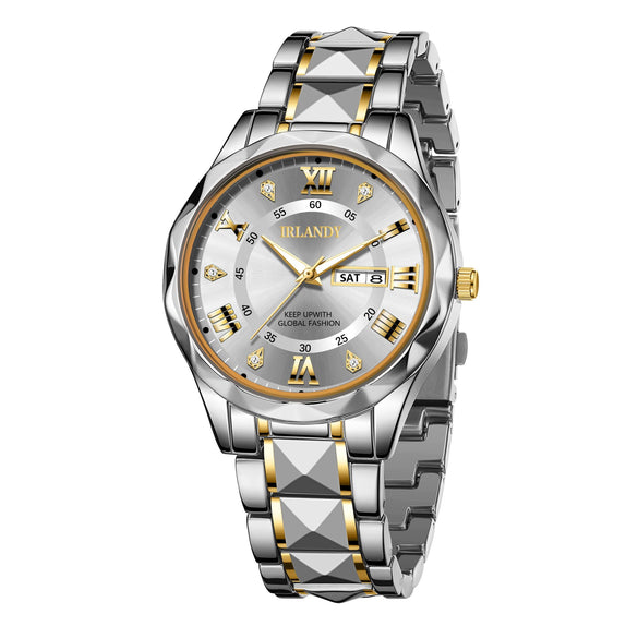 Men's Alloy Strap Quartz Watch With Rhombus Shape Digital Dial Rhinestone Calendar And Rose Gold Pin Buckle