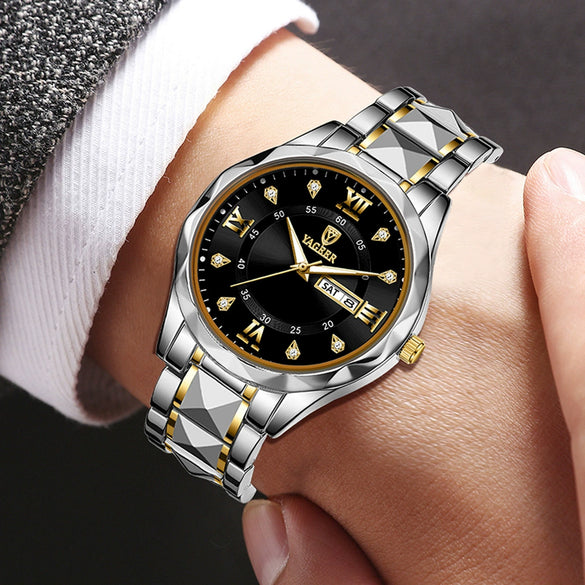 Men's Alloy Strap Quartz Watch With Rhombus Shape Digital Dial Rhinestone Calendar And Rose Gold Pin Buckle