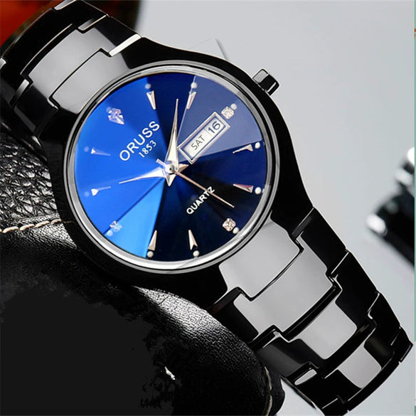 Men's Alloy Watch Fashion Business Style Round Dial Waterproof Spiral Crown Single Folding Buckle