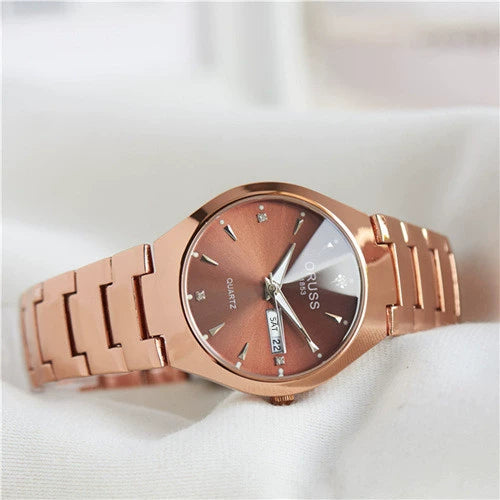 Men's Alloy Watch Fashion Business Style Round Dial Waterproof Spiral Crown Single Folding Buckle