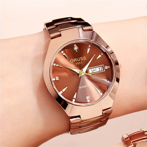Men's Alloy Watch Fashion Business Style Round Dial Waterproof Spiral Crown Single Folding Buckle