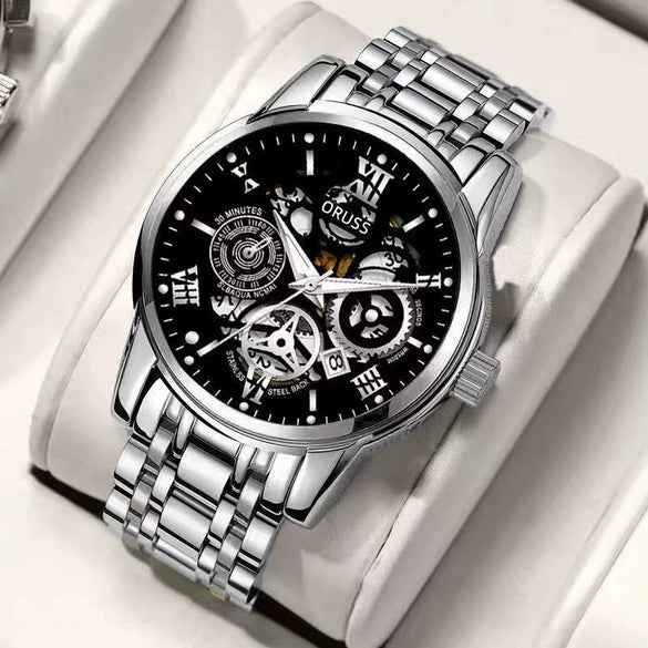 Men's Alloy Watch With Waterproof Luminous Hollow Design And Round Dial