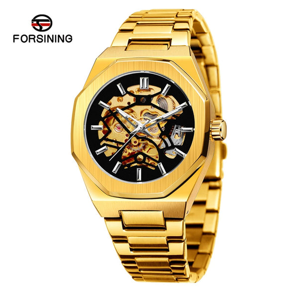 Men's Automatic Flywheel Mechanical Watch Metal Case Stainless Steel Strap And Buckle Round Dial Hollow Literal Polygon Design Leisure Style