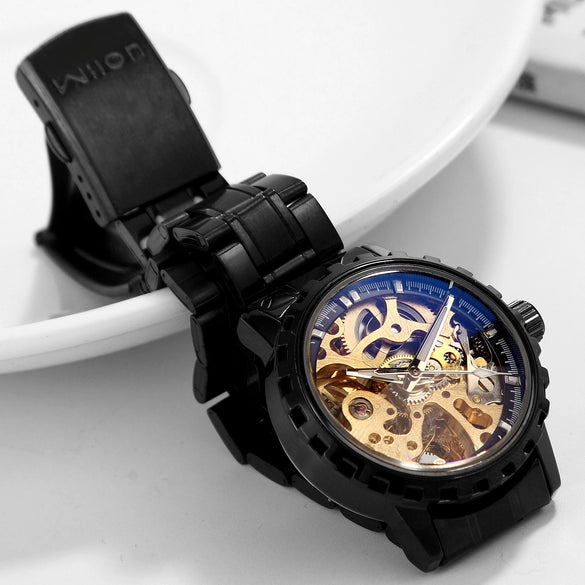 Men's Automatic Mechanical Alloy Watch With Hollow Luminous Waterproof Fashion Style And Round Dial