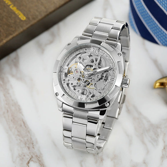 Men's Automatic Mechanical Square Dial Metal Case Stainless Steel Belt Casual Watch