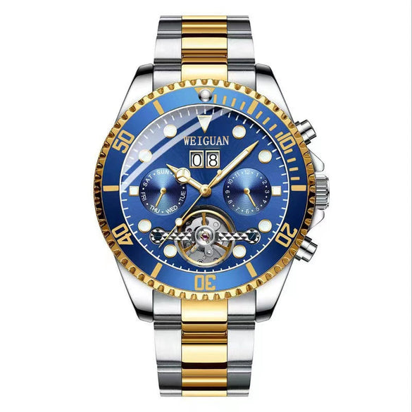 Men's Automatic Mechanical Tourbillon Multifunctional Calendar Luminous Waterproof Watch With Stainless Steel Strap And Clasp Alloy Case Round Dial