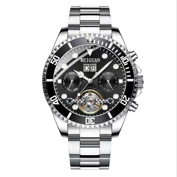 Men's Automatic Mechanical Tourbillon Multifunctional Calendar Luminous Waterproof Watch With Stainless Steel Strap And Clasp Alloy Case Round Dial