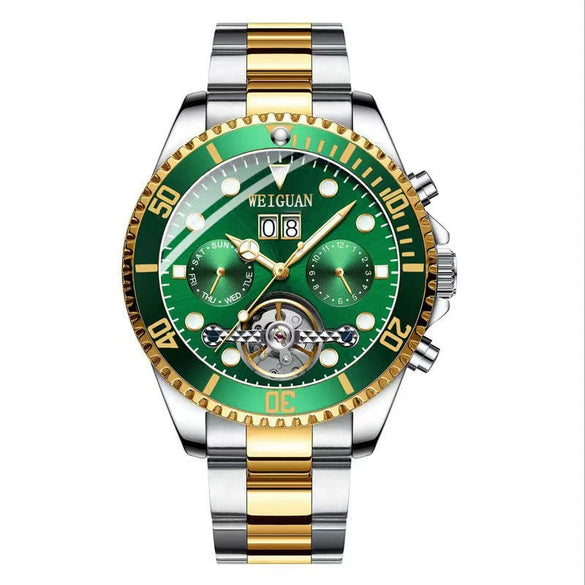 Men's Automatic Mechanical Tourbillon Multifunctional Calendar Luminous Waterproof Watch With Stainless Steel Strap And Clasp Alloy Case Round Dial