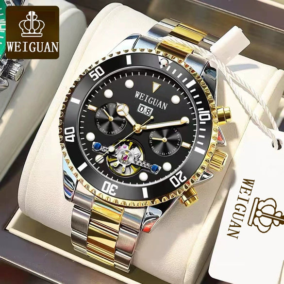 Men's Automatic Mechanical Tourbillon Multifunctional Calendar Luminous Waterproof Watch With Stainless Steel Strap And Clasp Alloy Case Round Dial