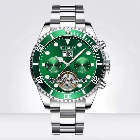 Men's Automatic Mechanical Tourbillon Multifunctional Calendar Luminous Waterproof Watch With Stainless Steel Strap And Clasp Alloy Case Round Dial