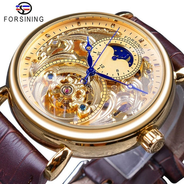 Men's Automatic Mechanical Watch Alloy Case Genuine Leather Strap Stainless Steel Clasp Round Dial Cut Out Transparent Bottom Leisure Style