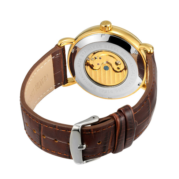 Men's Automatic Mechanical Watch Alloy Case Genuine Leather Strap Stainless Steel Clasp Round Dial Cut Out Transparent Bottom Leisure Style