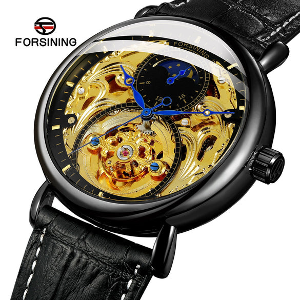 Men's Automatic Mechanical Watch Alloy Case Genuine Leather Strap Stainless Steel Clasp Round Dial Cut Out Transparent Bottom Leisure Style