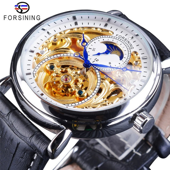 Men's Automatic Mechanical Watch Alloy Case Genuine Leather Strap Stainless Steel Clasp Round Dial Cut Out Transparent Bottom Leisure Style