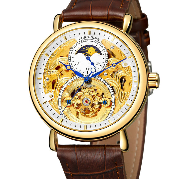 Men's Automatic Mechanical Watch Alloy Case Genuine Leather Strap Stainless Steel Clasp Round Dial Cut Out Transparent Bottom Leisure Style