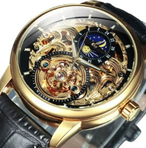 Men's Automatic Mechanical Watch Alloy Case Genuine Leather Strap Stainless Steel Clasp Round Dial Cut Out Transparent Bottom Leisure Style