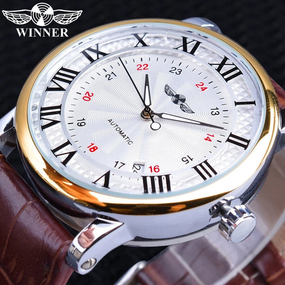 Men's Automatic Mechanical Watch Alloy Case Imitation Leather Strap Round Dial Roman Numerals Business Style