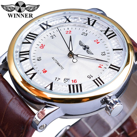 Men's Automatic Mechanical Watch Alloy Case Imitation Leather Strap Round Dial Roman Numerals Business Style