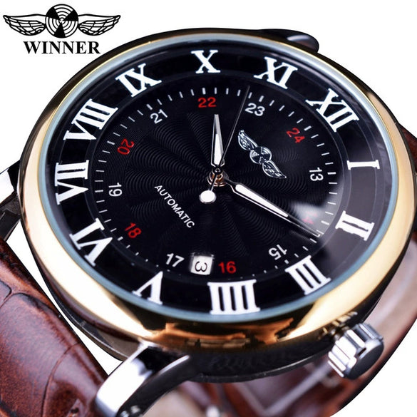 Men's Automatic Mechanical Watch Alloy Case Imitation Leather Strap Round Dial Roman Numerals Business Style