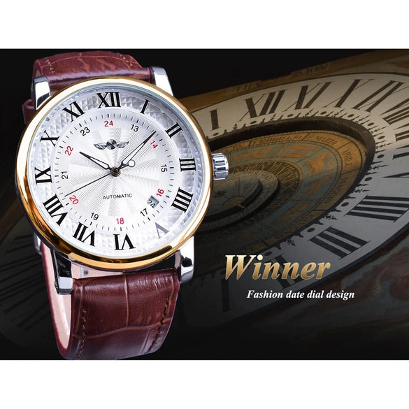 Men's Automatic Mechanical Watch Alloy Case Imitation Leather Strap Round Dial Roman Numerals Business Style