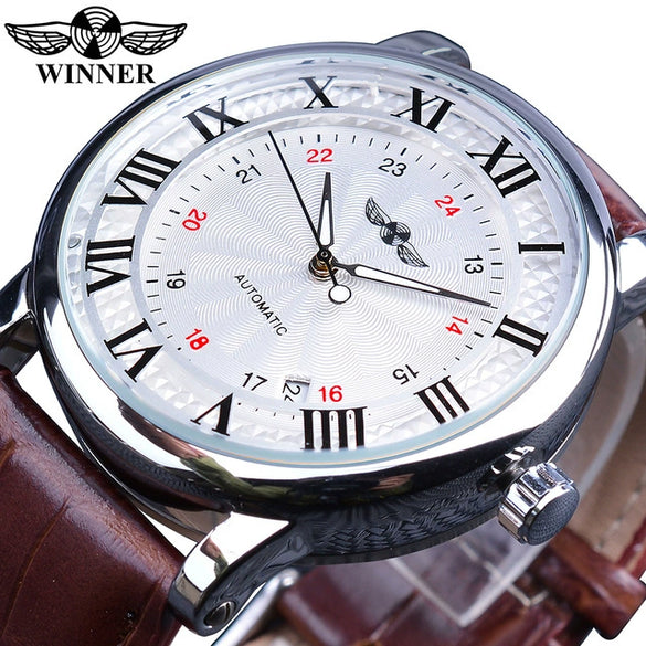 Men's Automatic Mechanical Watch Alloy Case Imitation Leather Strap Round Dial Roman Numerals Business Style