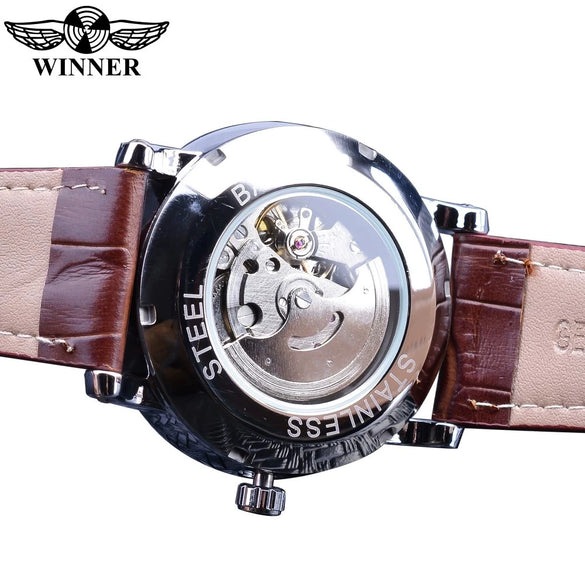 Men's Automatic Mechanical Watch Alloy Case Imitation Leather Strap Round Dial Roman Numerals Business Style