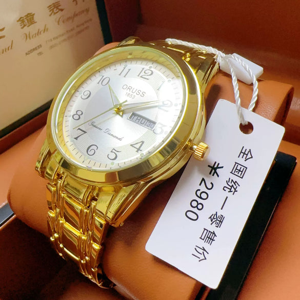 Men's Automatic Movement Alloy Case Fine Steel Strap Round Dial Mineral Reinforced Glass Mirror Leisure Style Luminous Waterproof Double Calendar Digital Watch