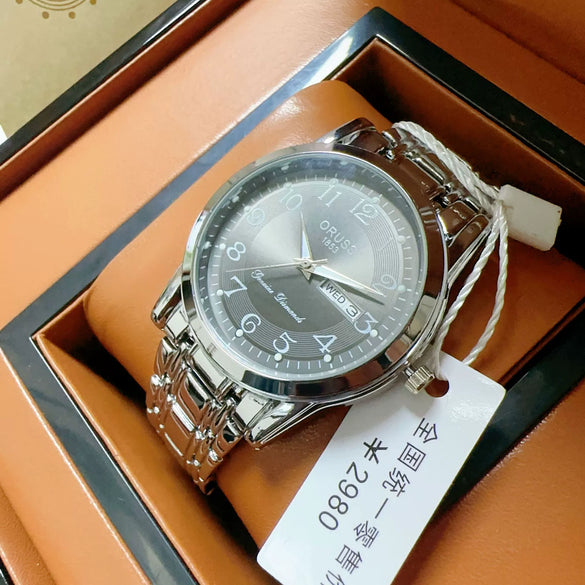 Men's Automatic Movement Alloy Case Fine Steel Strap Round Dial Mineral Reinforced Glass Mirror Leisure Style Luminous Waterproof Double Calendar Digital Watch