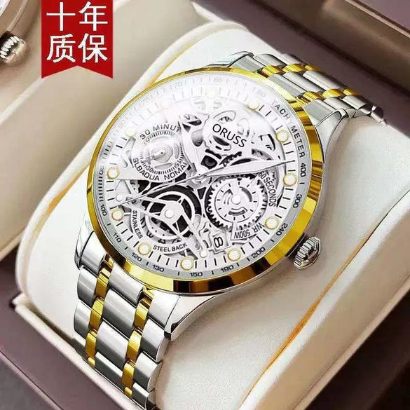 Men's Automatic Movement Hollow Calendar Luminous Alloy And Stainless Steel Round Wrist Watch With Spiral Crown And Single Folding Buckle