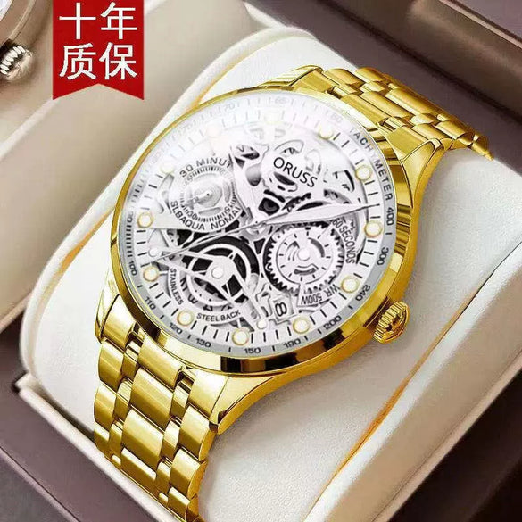 Men's Automatic Movement Hollow Calendar Luminous Alloy And Stainless Steel Round Wrist Watch With Spiral Crown And Single Folding Buckle