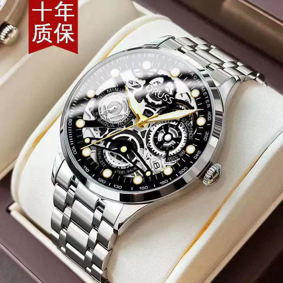 Men's Automatic Movement Hollow Calendar Luminous Alloy And Stainless Steel Round Wrist Watch With Spiral Crown And Single Folding Buckle
