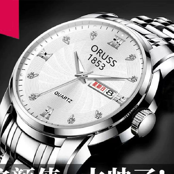 Men's Automatic Movement Waterproof Luminous Double Calendar Casual Business Style Watch With Alloy Strap And Stainless Steel Case