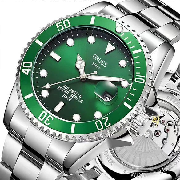 Men's Automatic Non Mechanical Alloy Case Steel Strap Waterproof Luminous Round Dial Watch