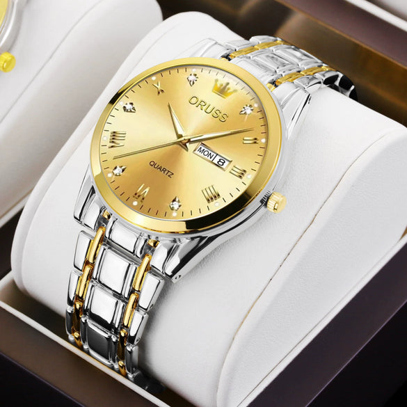 Men's Automatic Quartz Business Wrist Watch With Luminous Waterproof Calendar Round Dial Alloy Case Steel Strap Coated Glass Mirror
