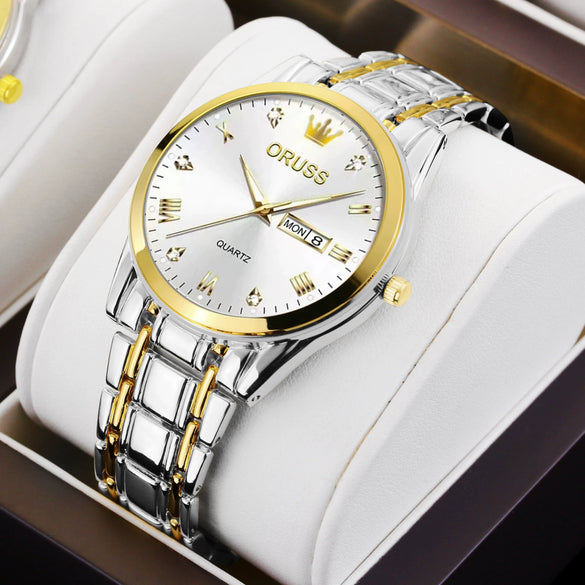 Men's Automatic Quartz Business Wrist Watch With Luminous Waterproof Calendar Round Dial Alloy Case Steel Strap Coated Glass Mirror